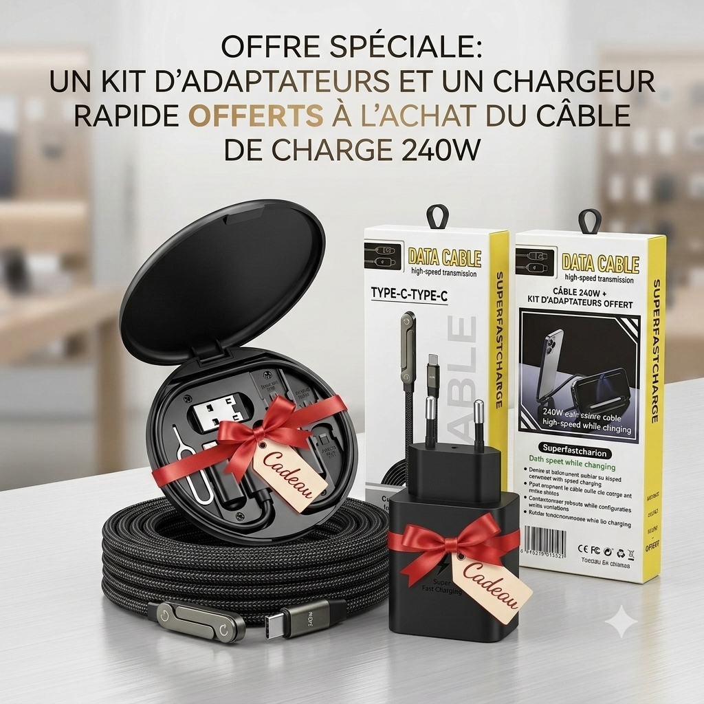 Câble USB-C 240W Charge Rapide + 1 Kit d'adaptateurs + 1 boîtier de charge rapide offert