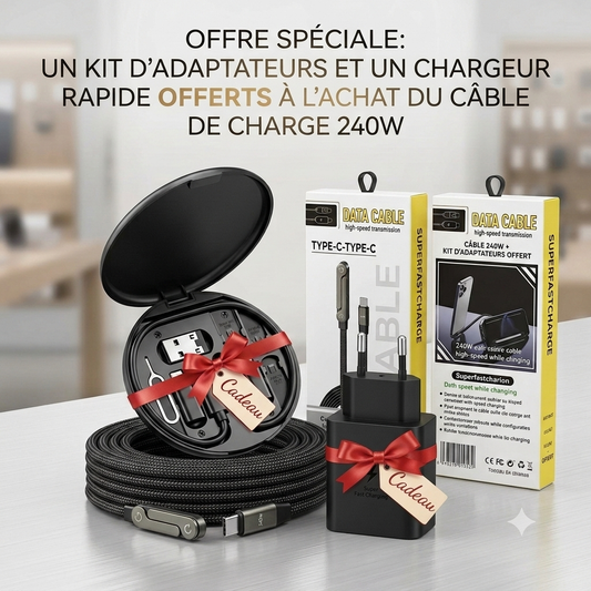Câble USB-C 240W Charge Rapide + 1 Kit d'adaptateurs + 1 boîtier de charge rapide offert